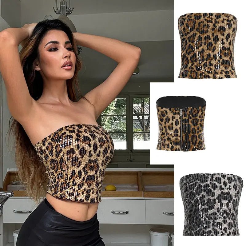 Shiny Sequin Animal Leopard Print Knitted Short Tank Top Women Sexy Bodycon Club Wear Strapless Back Zipper - Zeprah
