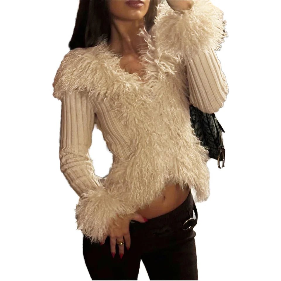 Short Cropped Faux Fur Trimmed Biker Jacket Zip Up Solid Color Slim Fit Long Sleeve Outerwear for Women - Zeprah