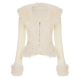 Short Cropped Faux Fur Trimmed Biker Jacket Zip Up Solid Color Slim Fit Long Sleeve Outerwear for Women - Zeprah