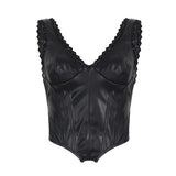 Short Leather Vest with Lace Trim Gothic Eco - Friendly Sexy Baddie Corset Top Zipper Front Club Party Bustier - Zeprah