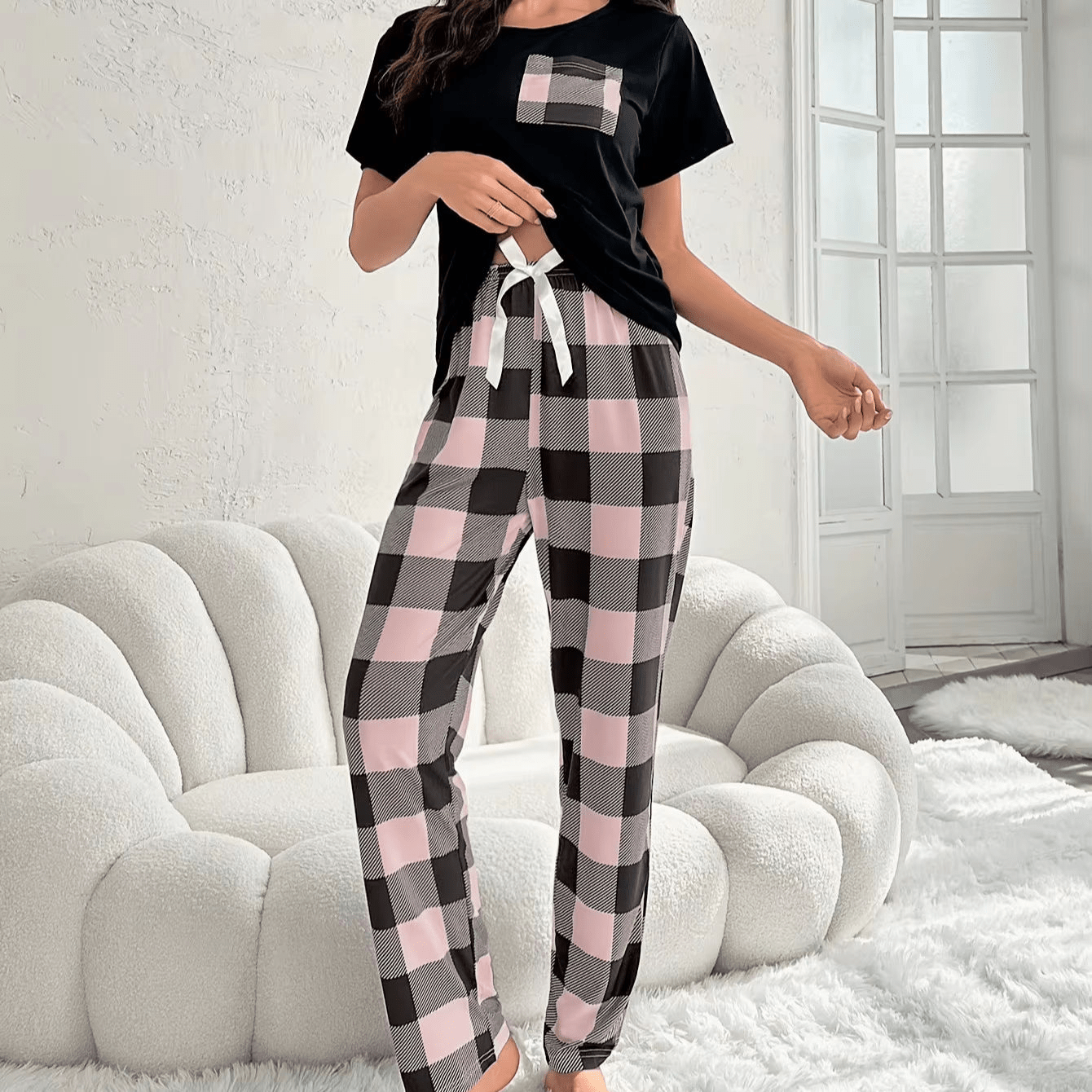 Short Sleeve Crew Neck Top & Plaid Trousers , Soft Knit Casual Loungewear (Machine - Washable, Summer/Spring),Pajamas Set Women's Sleepwear - Zeprah
