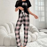 Short Sleeve Crew Neck Top & Plaid Trousers , Soft Knit Casual Loungewear (Machine - Washable, Summer/Spring),Pajamas Set Women's Sleepwear - Zeprah