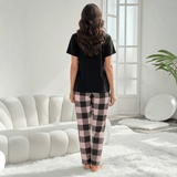 Short Sleeve Crew Neck Top & Plaid Trousers , Soft Knit Casual Loungewear (Machine - Washable, Summer/Spring),Pajamas Set Women's Sleepwear - Zeprah