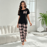 Short Sleeve Crew Neck Top & Plaid Trousers , Soft Knit Casual Loungewear (Machine - Washable, Summer/Spring),Pajamas Set Women's Sleepwear - Zeprah
