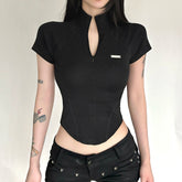 Short Sleeve Solid T-Shirt Minimalist Techwear Style Slim Fit Casual Athletic Top Metallic Logo Stretch Knit Breathable - Zeprah