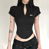 Short Sleeve Solid T-Shirt Minimalist Techwear Style Slim Fit Casual Athletic Top Metallic Logo Stretch Knit Breathable - Zeprah