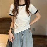Short Sleeve Women's 2025 New Summer Design Sense Contrast Color T-shirt Fashion Chic Irregular women's t-shirts - Zeprah