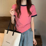 Short Sleeve Women's 2025 New Summer Design Sense Contrast Color T-shirt Fashion Chic Irregular women's t-shirts - Zeprah