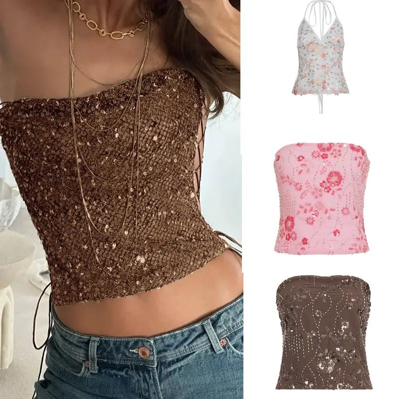 Short Tube Top Mesh Sequined Lace - Up Sides Patchwork Knitted Corset Bustier Sexy Backless Sleeveless Front Breathable Women - Zeprah