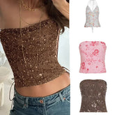 Short Tube Top Mesh Sequined Lace - Up Sides Patchwork Knitted Corset Bustier Sexy Backless Sleeveless Front Breathable Women - Zeprah