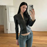 Side Tie Biker Jacket Corset Lacing Detail Streetwear Fashion PU Leather Long Sleeve Knitted Waterproof Windproof Eco - Friendly - Zeprah