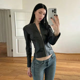 Side Tie Biker Jacket Corset Lacing Detail Streetwear Fashion PU Leather Long Sleeve Knitted Waterproof Windproof Eco - Friendly - Zeprah