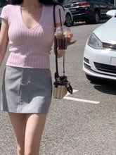 Simple Women's Clothing Knitted Tops for Women V - neck Plain Short - Sleeved Tee - Zeprah