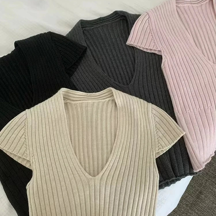 Simple Women's Clothing Knitted Tops for Women V - neck Plain Short - Sleeved Tee - Zeprah