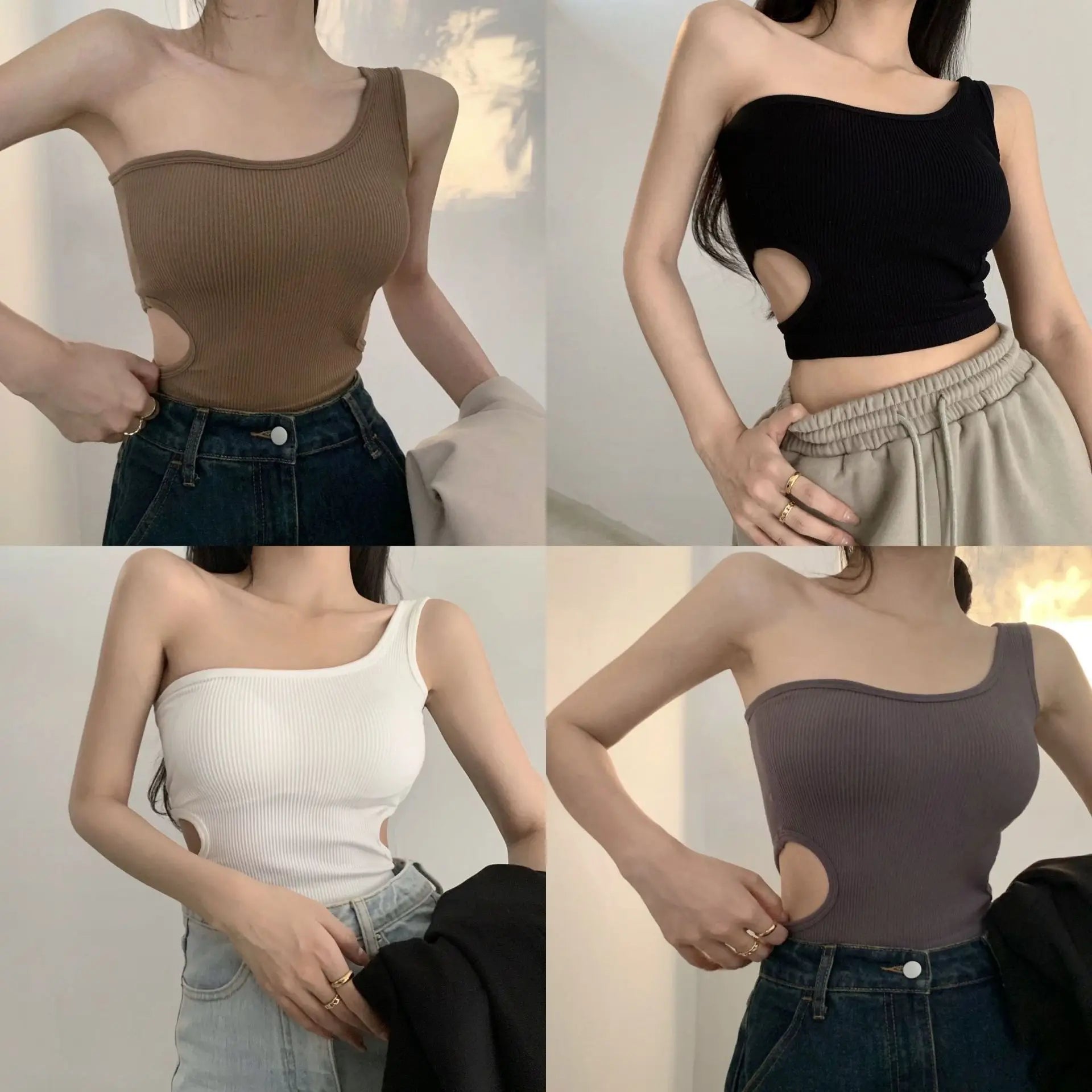 Single Shoulder Sweet Cool Hot High Waist Young Girl Women's Tanks Camis Crop Tops Women's tank Tops - Zeprah