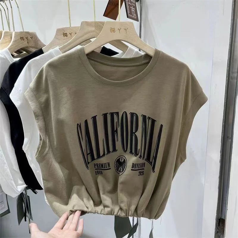 Sleeveless Letter T-shirt Women's Summer Waist Short Slim Loose Base T-shirt Crew Neck T-shirt - Zeprah