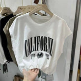 Sleeveless Letter T-shirt Women's Summer Waist Short Slim Loose Base T-shirt Crew Neck T-shirt - Zeprah