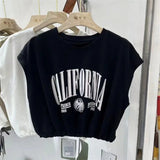 Sleeveless Letter T-shirt Women's Summer Waist Short Slim Loose Base T-shirt Crew Neck T-shirt - Zeprah