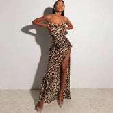 Sleeveless off Shoulder Dress Sexy Slim Maxi Halter Slit Leopard Print Dress Party Style Dress Party Style Evening Dress - Zeprah