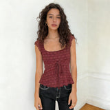 Sleeveless Solid Color Knitted Eco - Friendly T Shirt with Ruffle Trim and Front Tie Casual Fresh Style - Zeprah