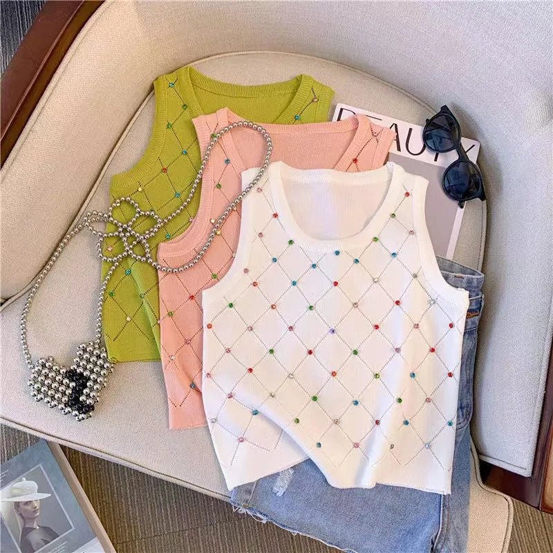 Sleeveless Tank Top for Women Diamond Setting Camisole Slim - fit Going Out Tops - Zeprah