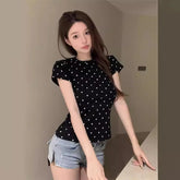 Slim - fit Graphic Tee Vintage Wave Point Short - sleeved Blouse Versatile T-shirt for Women - Zeprah