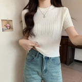 Slim - fit Short - sleeved Blouse Knitted T-shirt for Women Crewneck Short - Sleeved Tee - Zeprah