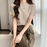 Slim - fit Short - sleeved Blouse Knitted T-shirt for Women Crewneck Short - Sleeved Tee - Zeprah