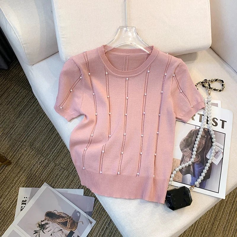 Slim - fit Short - sleeved Blouse Knitted T-shirt for Women Trendy Short - Sleeved Tee - Zeprah