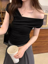 Slim - fit Women's Clothing Straight Shoulder Tops for Women Solid Short - Sleeved Tee - Zeprah