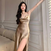 Sling Long Split Women's Evening Dress Temperament High - end champagne Solid Color Dress - Zeprah