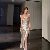 Sling Long Split Women's Evening Dress Temperament High - end champagne Solid Color Dress - Zeprah
