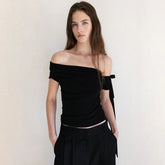Solid Color Asymmetrical off Shoulder Pleat Knitted Eco - Friendly Breathable Slim Fit Summer Women's T-Shirt Vacation Top - Zeprah