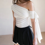 Solid Color Asymmetrical off Shoulder Pleat Knitted Eco - Friendly Breathable Slim Fit Summer Women's T-Shirt Vacation Top - Zeprah