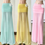 Solid Color Pencil Bodycon Mermaid Maxi Skirt See Mesh Feather Applique Dropped Waist High Slit Slim Fit Half Slip Beach Dress - Zeprah