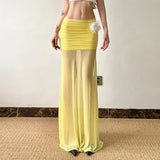 Solid Color Pencil Bodycon Mermaid Maxi Skirt See Mesh Feather Applique Dropped Waist High Slit Slim Fit Half Slip Beach Dress - Zeprah