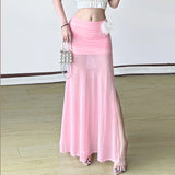 Solid Color Pencil Bodycon Mermaid Maxi Skirt See Mesh Feather Applique Dropped Waist High Slit Slim Fit Half Slip Beach Dress - Zeprah