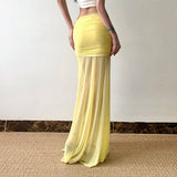 Solid Color Pencil Bodycon Mermaid Maxi Skirt See Mesh Feather Applique Dropped Waist High Slit Slim Fit Half Slip Beach Dress - Zeprah