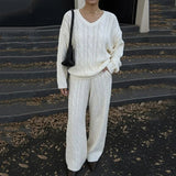 Solid Color Winter Casual Womens Eco - Friendly Spandex/Polyester Knit Lounge Set Soft Comfortable Loose Fit Cable V Neck Sweater - Zeprah