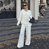 Solid Color Winter Casual Womens Eco - Friendly Spandex/Polyester Knit Lounge Set Soft Comfortable Loose Fit Cable V Neck Sweater - Zeprah