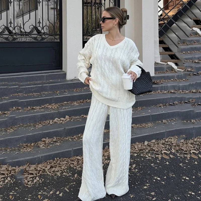 Solid Color Winter Casual Womens Eco - Friendly Spandex/Polyester Knit Lounge Set Soft Comfortable Loose Fit Cable V Neck Sweater - Zeprah