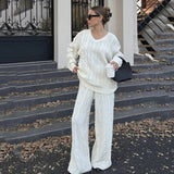 Solid Color Winter Casual Womens Eco - Friendly Spandex/Polyester Knit Lounge Set Soft Comfortable Loose Fit Cable V Neck Sweater - Zeprah