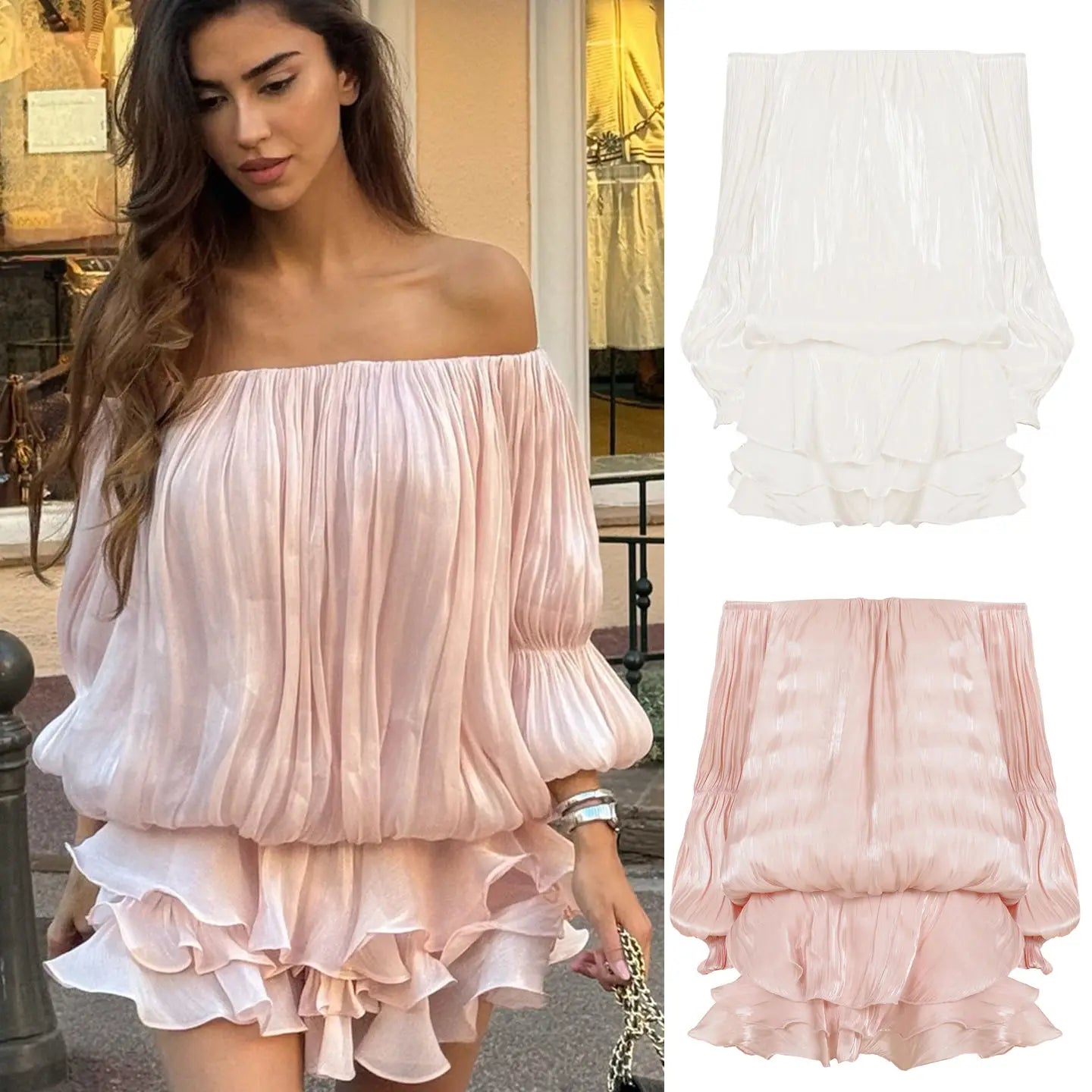 Sparkling Mermaid Scale Woven Fabric Casual off Shoulder Mini Dress Plain Dyed Natural Waistline for Holiday Celebration - Zeprah