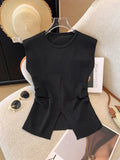 Split Top Short Sleeve T-shirt Knitted Tops for Women Sleeveless T-shirt - Zeprah