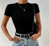 Spring and Summer New Slim - fit All - match Pleated Crewneck Knitted Short - sleeved T-shirt for Women - Zeprah