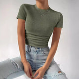 Spring and Summer New Slim - fit All - match Pleated Crewneck Knitted Short - sleeved T-shirt for Women - Zeprah