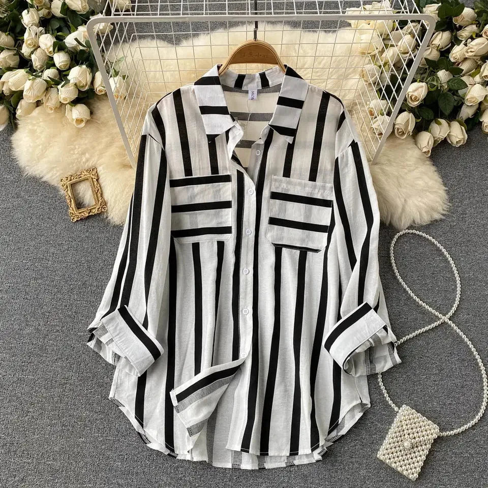 Spring Summer Autumn New Mid - Length Vertical Striped Multi - Color Shirt Jacket Women Korean Style Casual Loose Top Lapel - Zeprah