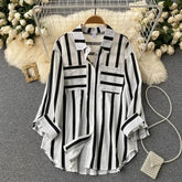 Spring Summer Autumn New Mid - Length Vertical Striped Multi - Color Shirt Jacket Women Korean Style Casual Loose Top Lapel - Zeprah