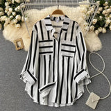 Spring Summer Autumn New Mid - Length Vertical Striped Multi - Color Shirt Jacket Women Korean Style Casual Loose Top Lapel - Zeprah