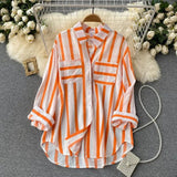 Spring Summer Autumn New Mid - Length Vertical Striped Multi - Color Shirt Jacket Women Korean Style Casual Loose Top Lapel - Zeprah